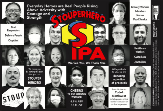 stoup brewing, stouperhero IPA label art.